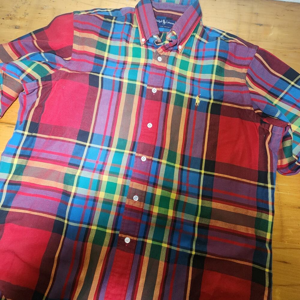 RALPH LAUREN sz L red blue green plaid button down collar long sleeve